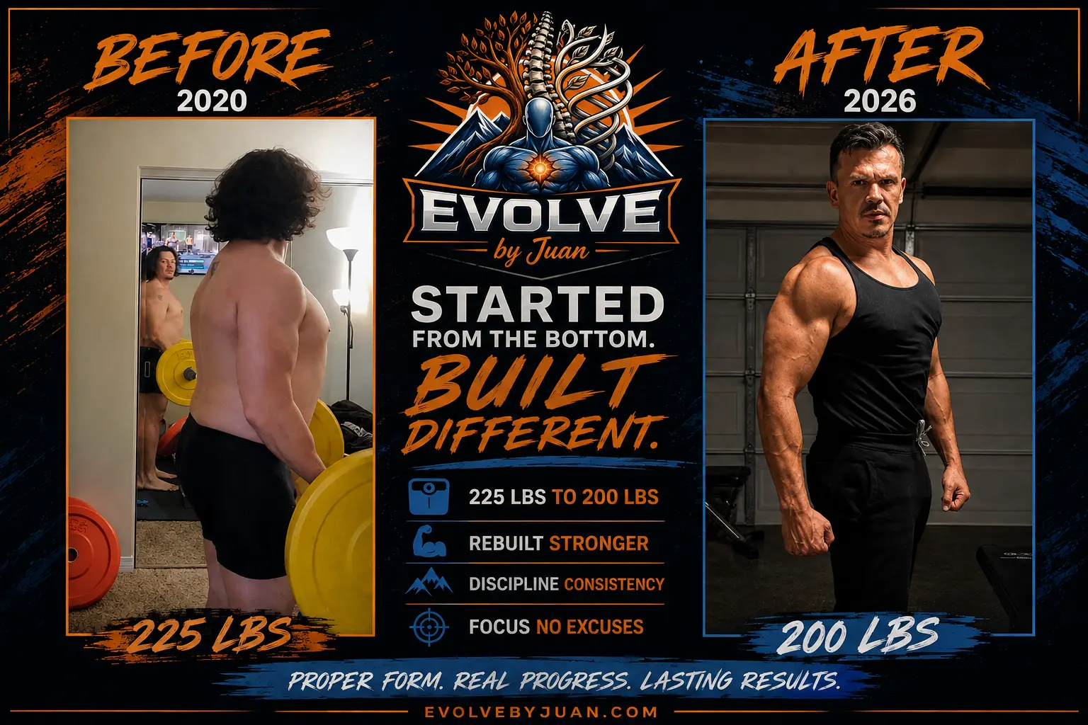 Juan's natural transformation from 225 pounds in 2020 to a stronger 200-pound physique in 2026